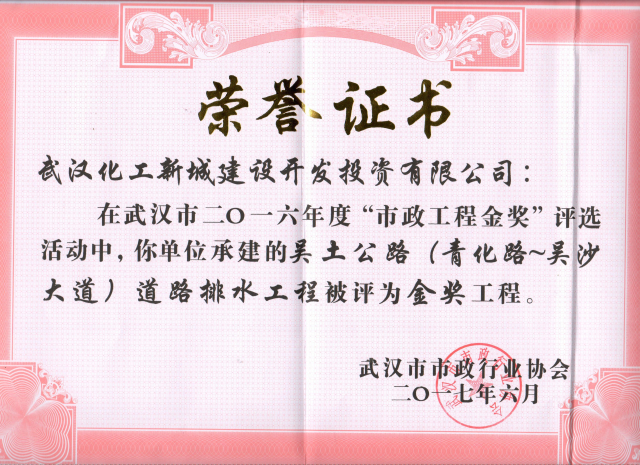市政工程金奖荣誉证书